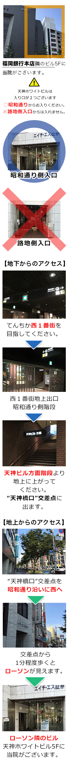 注意！！天神ホワイトビルは入り口が２つございます。ですが、路地側入口から来ていただいても、当院にはご来院出来ませんのでご注意下さい。※別テナントさんが入ってます。